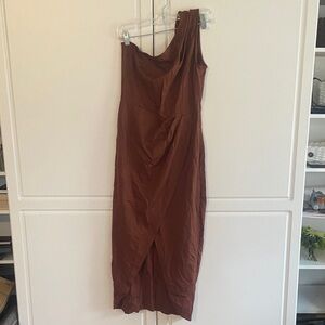 One-Shoulder Rust Brown Midi Dress